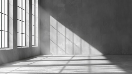 Sunlight and shadow define a minimalist design. Light patterns form with windows. The empty room presents a gray background. Architectural simplicity, modern template, aesthetic elegance. Tranquil