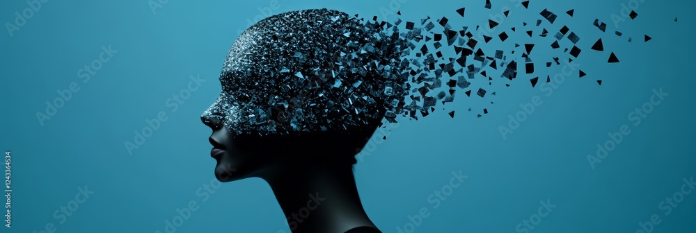 Poster Profile of a woman with her head exploding into small fragments dissolving in the air, representing stress, burnout, migraine, dementia, and mental health issues