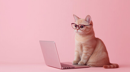 ピンクの背景でメガネをかけてパソコンに向かうかわいい猫のイラスト