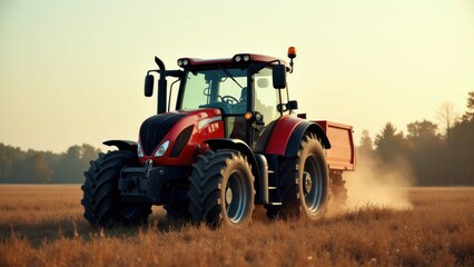 Fototapeta premium A farm tractor drives through a field at sunset, showcasing its robust design and agricultural utility.