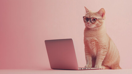 ピンクの背景でメガネをかけてパソコンに向かうかわいい猫のイラスト