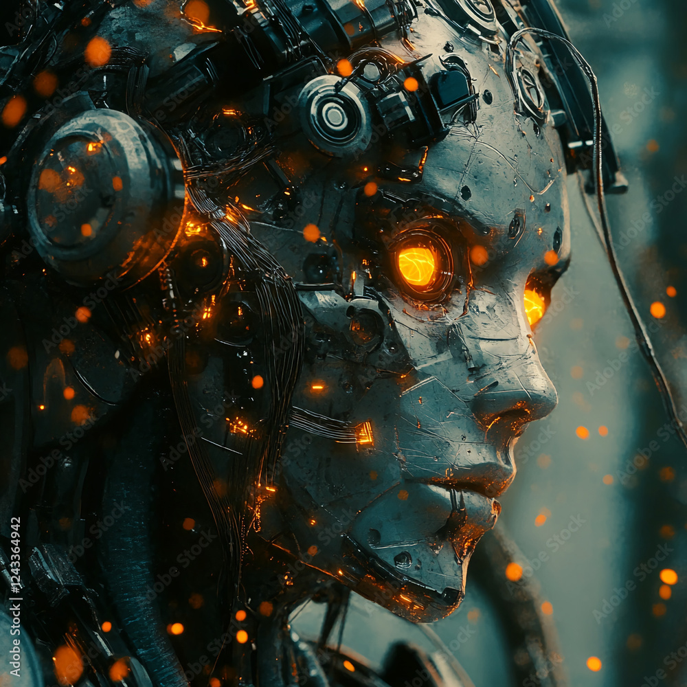 Aufkleber close-up view of a futuristic humanoid robot with glowing orange eyes, showcasing a high-tech cybern