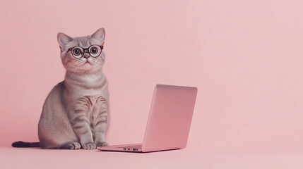 ピンクの背景でメガネをかけてパソコンに向かうかわいい猫のイラスト