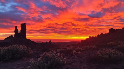A stunning sunset over rocky formations, highlighting vibrant colors and natural beauty.
