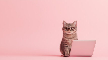 ピンクの背景でメガネをかけてパソコンに向かうかわいい猫のイラスト