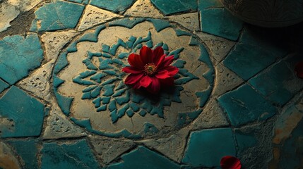 Red flower on ornate tile floor, Moroccan courtyard, sunset