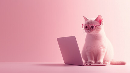 ピンクの背景でメガネをかけてパソコンに向かうかわいい猫のイラスト