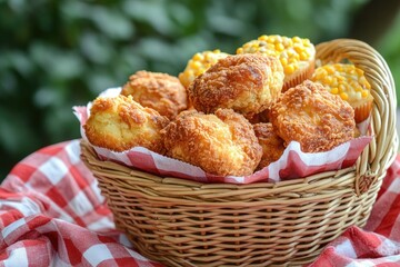 A basket of fried chicken and cornbread muffins, set on a red gingham picnic cloth