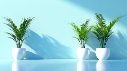 Fototapeta premium Tranquil Trio: Modern Green Potted Plants Against a Minimalistic Blue Background