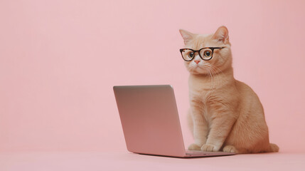 ピンクの背景でメガネをかけてパソコンに向かうかわいい猫のイラスト