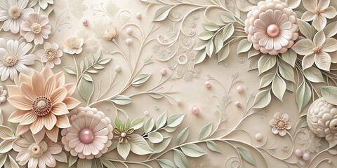 Elegant Cream and Rose Floral Design with Intricate Leafwork and Pearl Accents A Luxurious Tapestry of Nature's Beauty