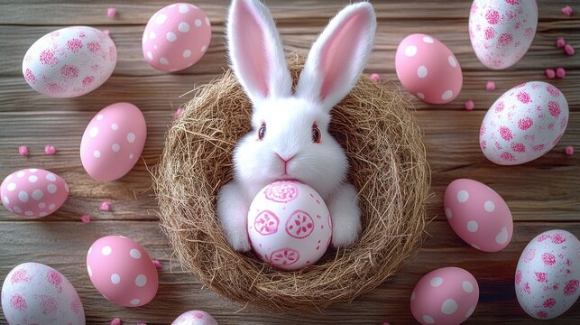 Easter bunny in nest with pink eggs on wooden background