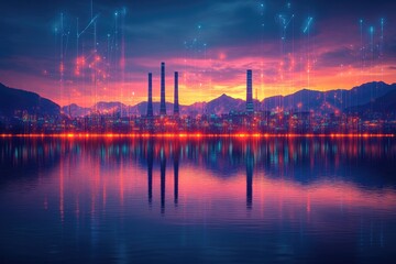 Naklejka premium Futuristic Digital Cityscape at Sunset with Reflected Neon Lights and Data Connections