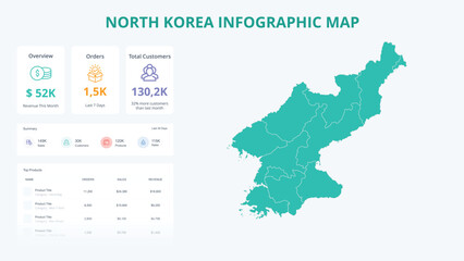 Obraz premium Business Growth Infographic Map of North Korea. Orders, Customers, Sales Overview & product Infographic Map of North Korea. Easy to edit