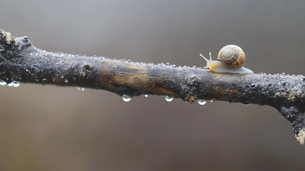 露に濡れた小枝とカタツムリの幻想的なディテール