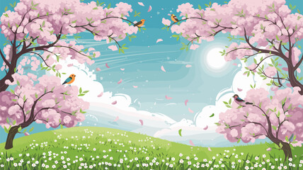 Spring Hill with Blossoming Trees and Birds