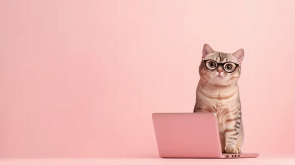 ピンクの背景でメガネをかけてパソコンに向かうかわいい猫のイラスト