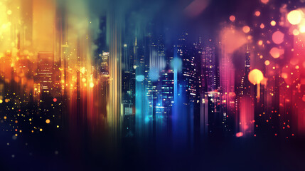 colorful abstract representation of city skyline with vibrant lights and blurred effects, creating dreamy atmosphere