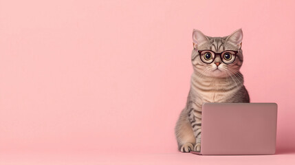 ピンクの背景でメガネをかけてパソコンに向かうかわいい猫のイラスト