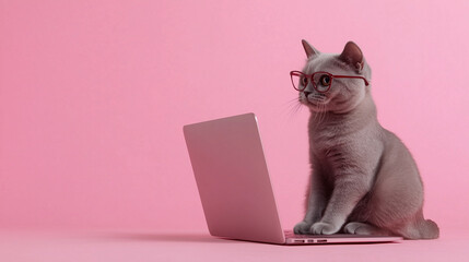 ピンクの背景でメガネをかけてパソコンに向かうかわいい猫のイラスト