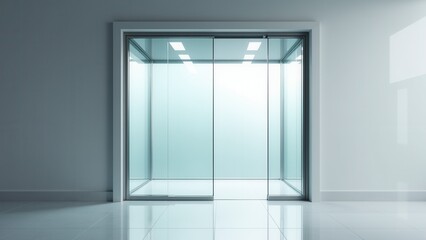 Fototapeta premium A modern glass elevator with sleek, transparent doors and a minimalist design, reflecting a clean and contemporary architectural style.