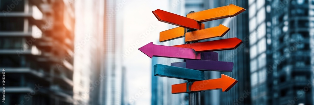 Poster colorful arrows on a signpost are pointing in different directions, symbolizing choices, opportuniti