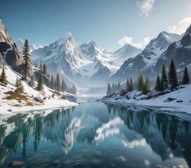 snow-capped mountains towering above a serene pristine lake, pine trees, snow, mountains