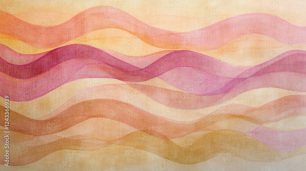 Poster Soft flowing waves of pastel colors create a tranquil abstract composition with a gentle gradient effect in warm tones