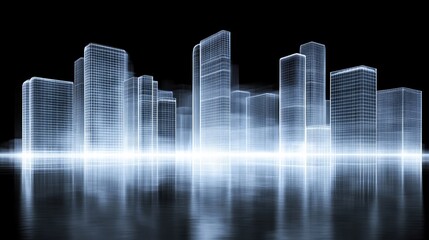Obraz premium Futuristic Digital Cityscape with Luminous Skyscrapers Reflecting on Water