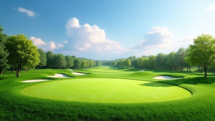 A beautifully maintained golf course with lush green fairways, sand bunkers, and surrounding trees under a bright blue sky with fluffy clouds.