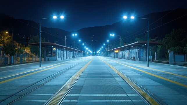 Night tram station platform, mountain backdrop, empty, transportation