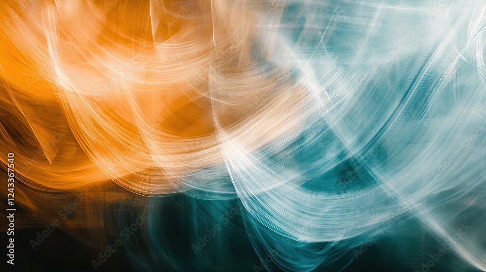 Poster soft pencil strokes create a blurred abstract composition with warm orange and cool teal tones blend