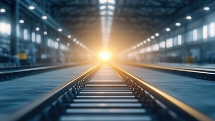 A focused view of train tracks leading into a bright light, symbolizing journeys and new beginnings in transportation. green energy and clean electric concept.