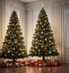 Tall Christmas tree with a variety of ornaments and lights, lights, festive