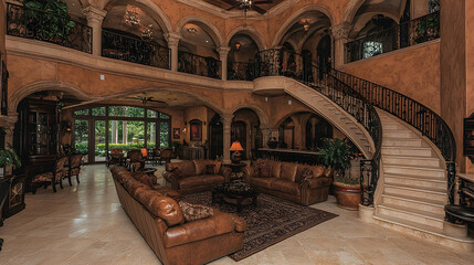 Obraz premium Luxurious Mediterranean home interior, grand staircase, lake view