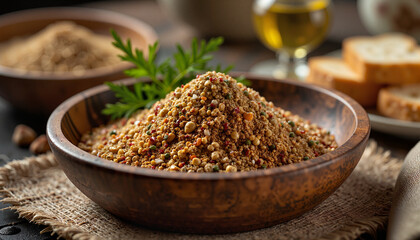Freshly mixed Zaatar spices in wooden bowl at farmhouse kitchen, culinary delight