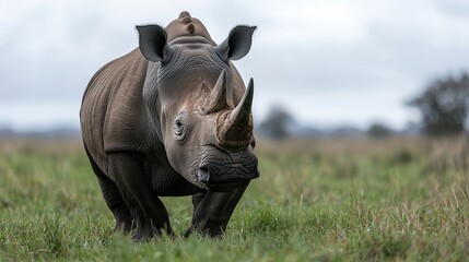 Obraz premium Rhino grazing in African savanna; overcast sky. Wildlife conservation