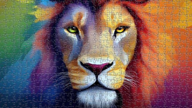 Vibrant lion puzzle artwork showcasing colorful fur details and expressive eyes. Generative AI
