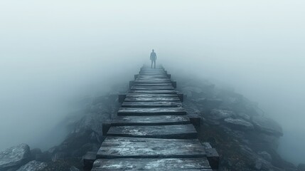 Fototapeta premium Fog envelops a solitary figure walking along a wooden pier in a serene, mysterious setting. Generative AI