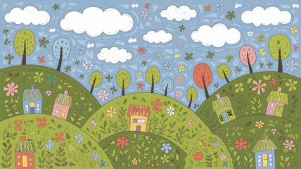 Cartoon Landscape with Houses and Flowers