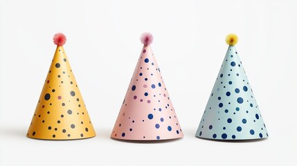 Colorful whimsical party hats set. These festive polka headwear bring a cheerful element to any celebration. The vibrant and playful collection offers a joyful style. Isolated cutout for modern and
