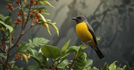 The leaves and stems of a firespike plant with a small Bananaquit perched on top, tropical,
