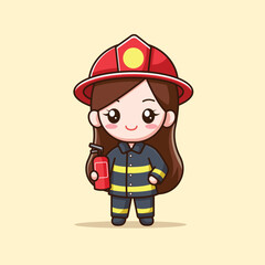 Cute Firefighter Holding Fire Extinguisher Cartoon Vector Icon Illustration. People Profession Icon Concept Isolated Premium Vector. Flat Cartoon Style