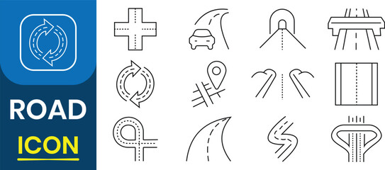 Road icon vector set. Road and Highway icon collection. Street, traffic, crossroad, tunnel route, driveway, highway or asphalt path, roadway, road fork, tunnel,  way for vehicles. Vector illustration.