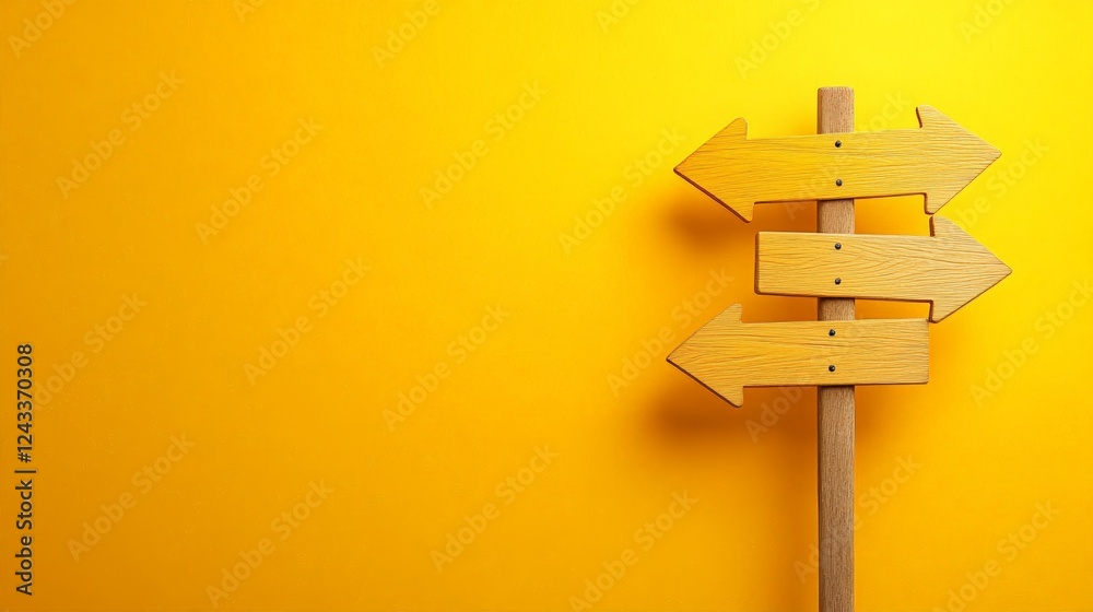 Poster Wooden signpost with three arrows showing different directions on a vibrant yellow background represents choices, decision making, and finding the right path