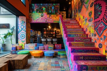 Colorful bar interior, vibrant stairs, eclectic seating, city view