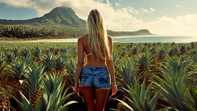 Exploring a lush pineapple field by the ocean under a blue sky with a distant mountain range