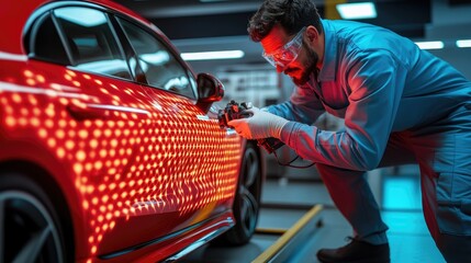 Professional Car Detailer Using Polishing Tool on Red Vehicle Surface in Workshop with Modern Lighting