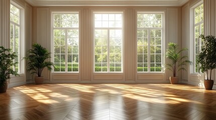 Obraz premium Stunning open hall bathed in natural light, polished wood grain floors, and neutral warm wall tones, 8K 3D high-definition render