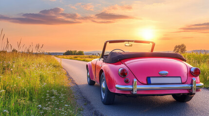 Vintage Red Convertible on Scenic Country Road at Sunset with Open Sky and Lush Greenery